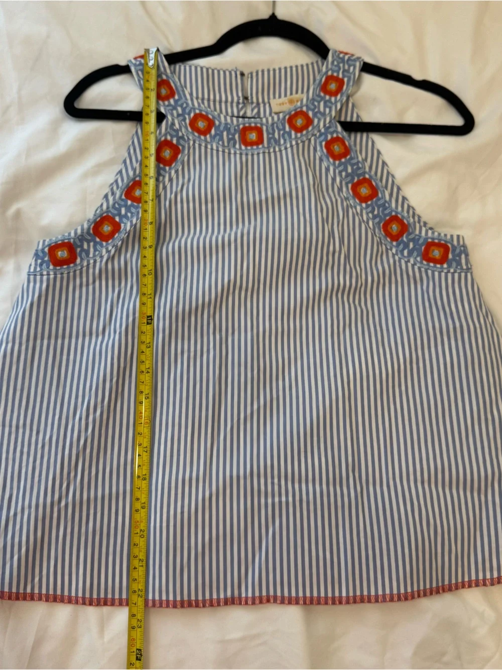Tory Burch Meg Striped Embroidered Halter Top 6 Blue White Boho Coastal Chic